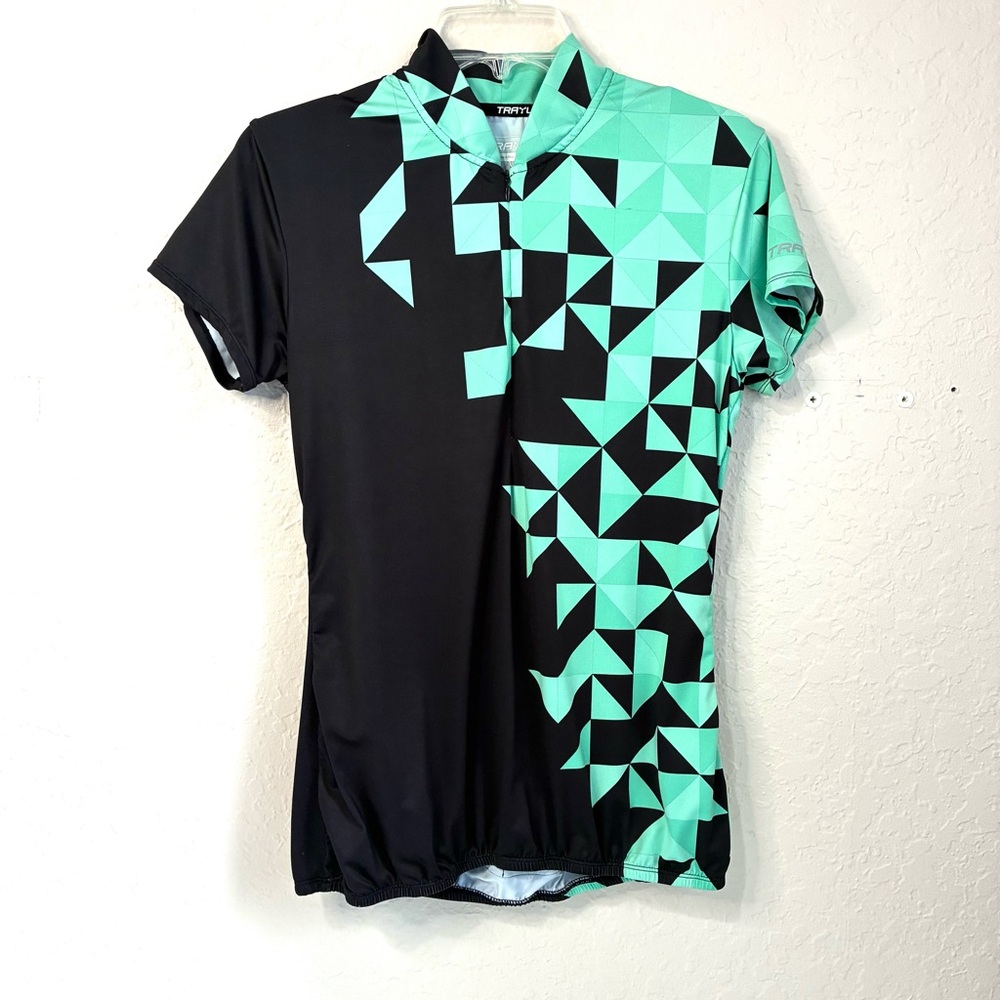 Trayl Cycling Jersey Women’s Medium Green Black Back Pickets Zip Pocket 1/4 Zip